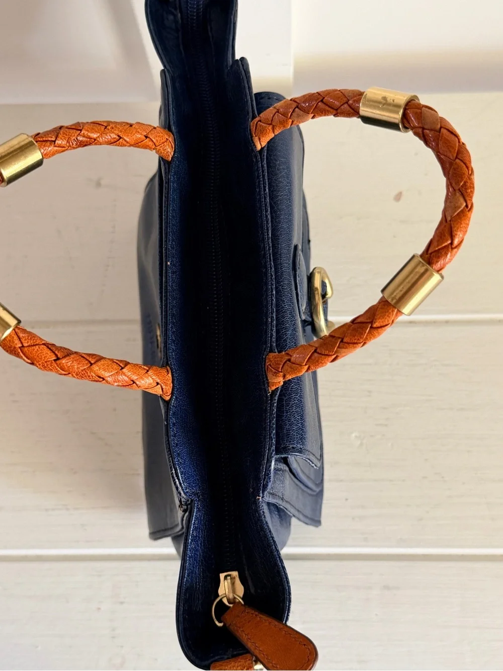 Hidesign Navy Blue Leather Purse Top Handle Satchel Braided Handle Brass accents